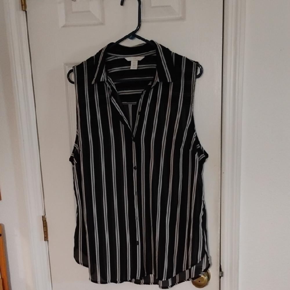 H&M Black and White sheer Striped Sleeveless Top Sz14